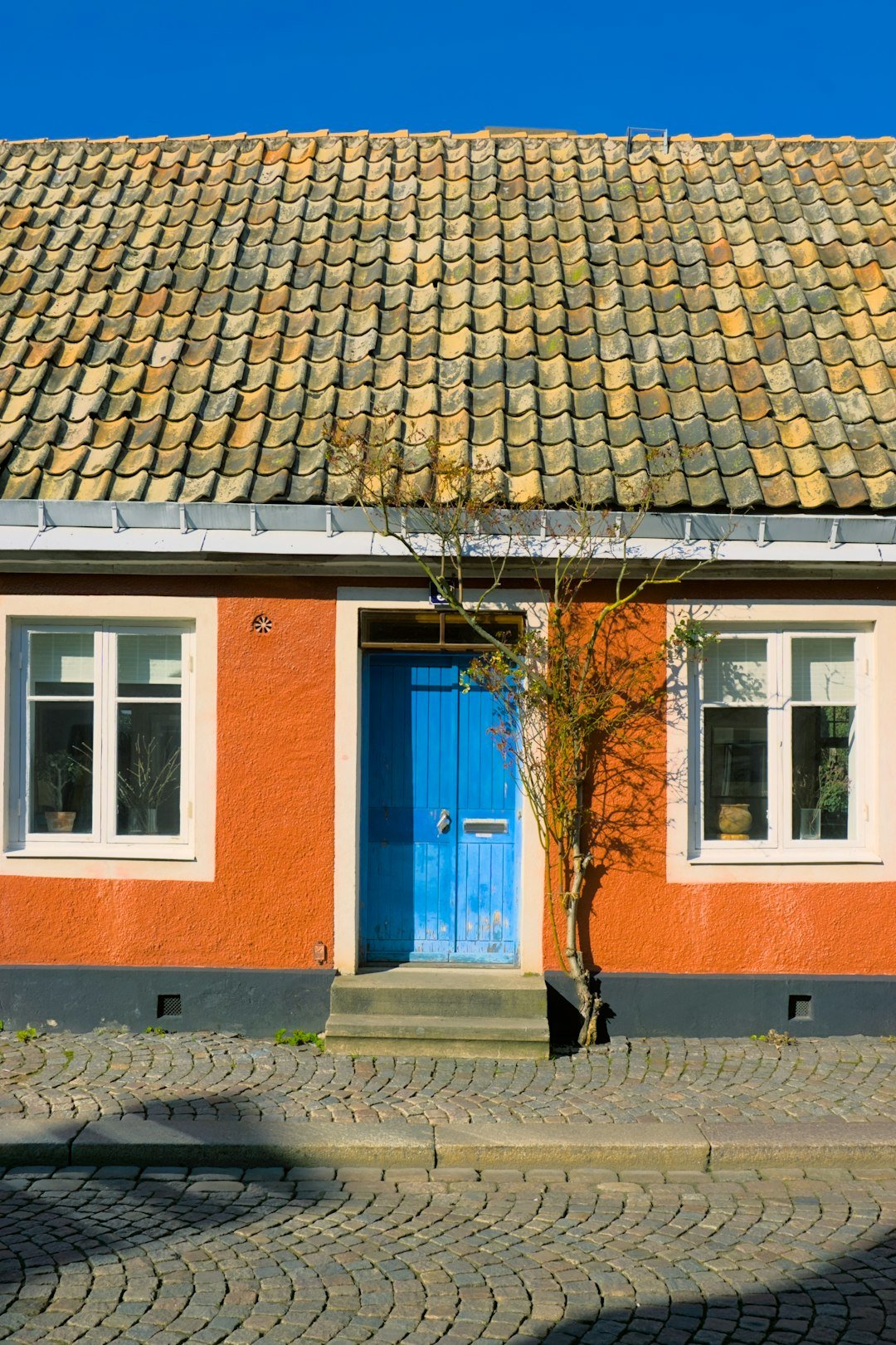 A colorful house has a blue door.