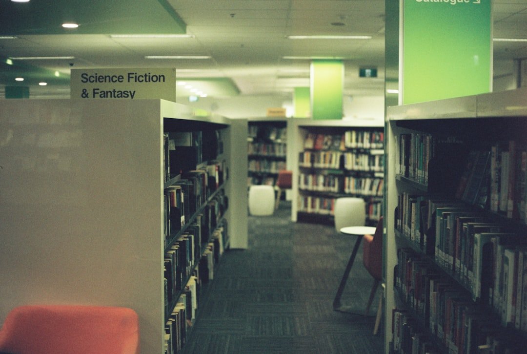 a library filled with lots of books and a red chair
