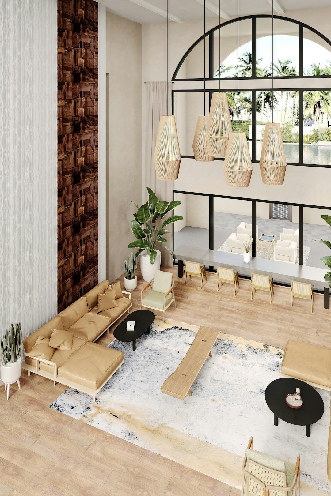 A modern living room with wood and light.